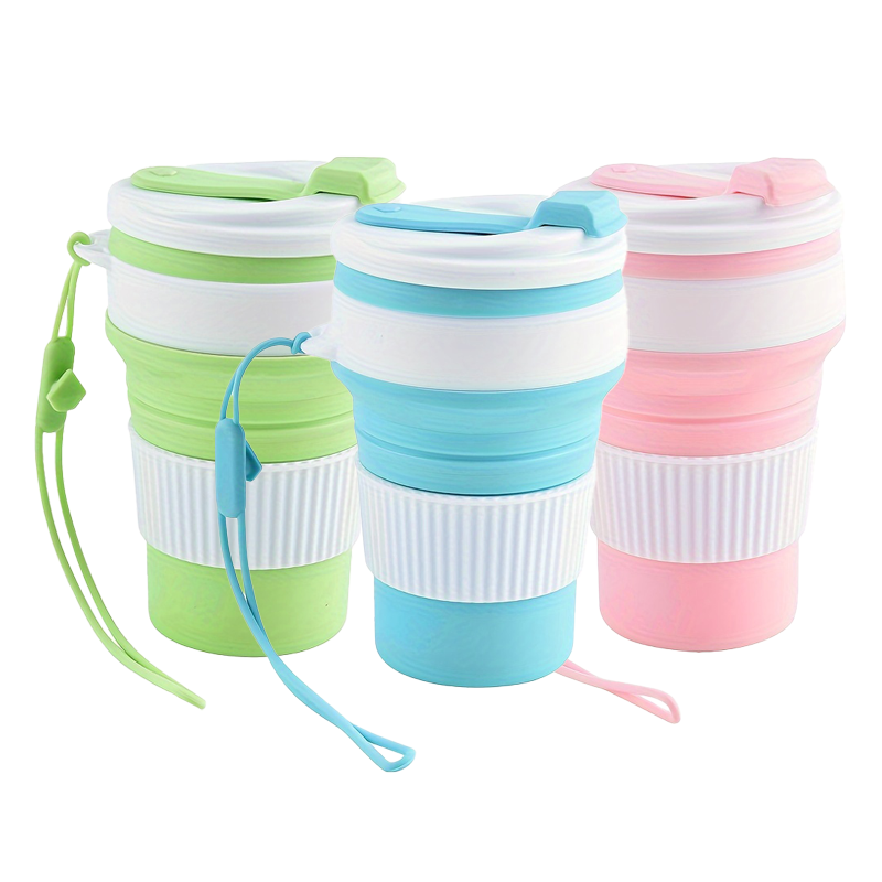 Water Bottle Collapsible - 접이식 실리콘 여행컵, 뚜껑과 끈이 있는